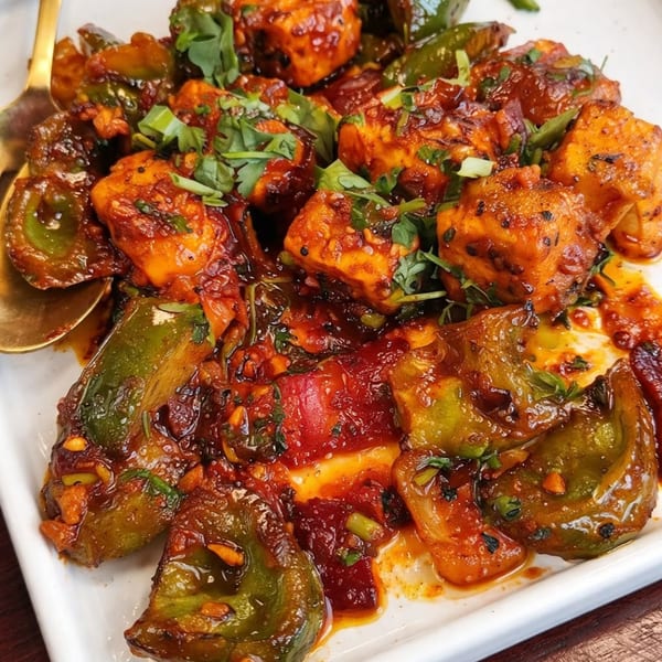 Spicy paneer chili with green bell peppers and cilantro on a white plate.