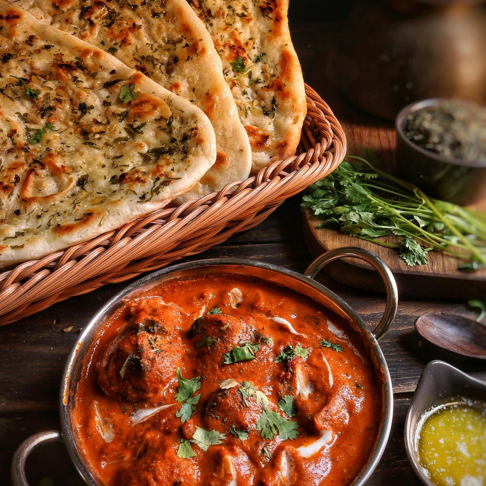 Indian butter chicken in a metal bowl with naan bread in a basket, cilantro, and melted butter.